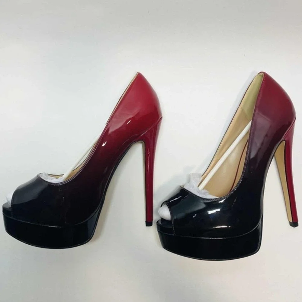 Womens MERUMOTE Peep Toe Platform Pumps Burgundy Black Ombre High‎ Heel Shoes
